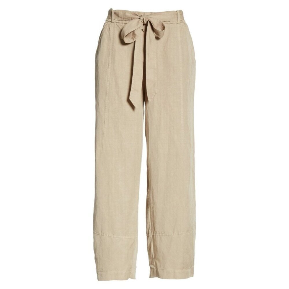 Eileen Fisher Large Khaki Tencel Linen Ankle Pant Tie Waist EUC
